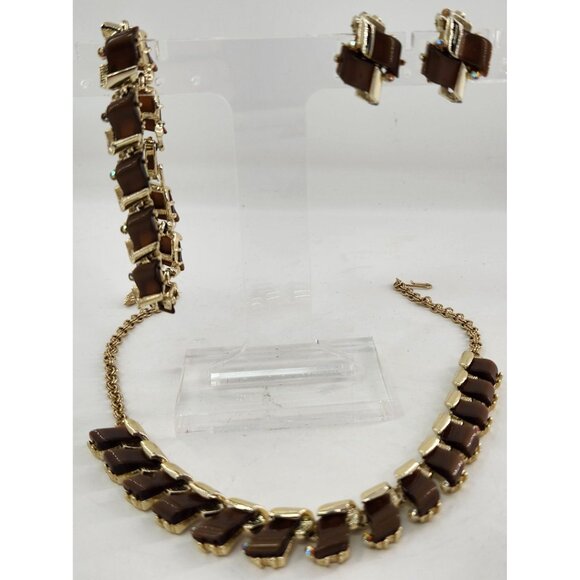 Vintage 1950s Root Beer Brown Rhinestone Necklace Bracelet Earrings Set - Picture 3 of 7